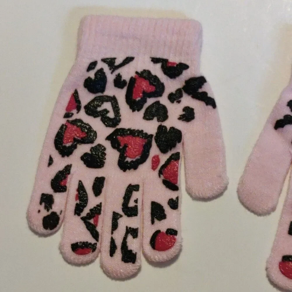 Toddler Kid Girls Pink Leopard Heart Print Knit Gloves Winter Warm Soft Stretch